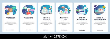 Mobile app onboarding screens. School and college education, programming robot, study economy, morning class. Menu vector banner template for website Stock Vector