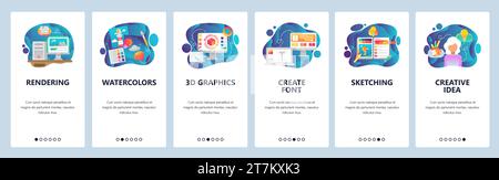 Mobile app onboarding screens. Digital art and watercolor painting, 3d rendering, sketching, font. Menu vector banner template for website and mobile Stock Vector