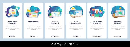 Mobile app onboarding screens. Digital online assistant, email, call recording, customer support and reviews. Menu vector banner template for website Stock Vector