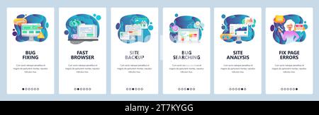 Mobile app onboarding screens. Computer bug fixing and testing, website analysis, backup. Menu vector banner template for website and mobile developme Stock Vector