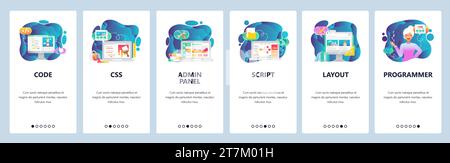 Mobile app onboarding screens. Female developer, programming code, admin panel and java script. Menu vector banner template for website and mobile dev Stock Vector