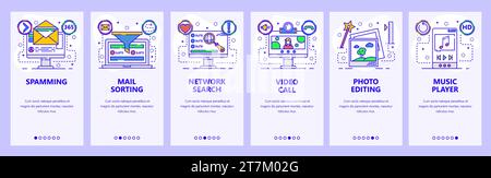 Mobile app onboarding screens. Spam, email, video call, photo editor, music player. Menu vector banner template for website and mobile development. We Stock Vector
