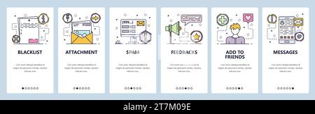 Mobile app onboarding screens. Email, spam, feedback service. Mobile messaging app. Menu vector banner template for website and mobile development. We Stock Vector