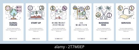 Mobile app onboarding screens. Business risk, startup investment, call center. Menu vector banner template for website and mobile development. Web sit Stock Vector