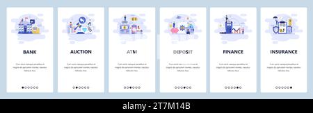 Mobile app onboarding screens. Banking and financial services, auction, atm, deposit saving account, insurance. Menu vector banner template for websit Stock Vector