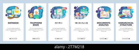 Mobile app onboarding screens. Business and finance document, database, phone book, office workplace. Menu vector banner template for website and mobi Stock Vector
