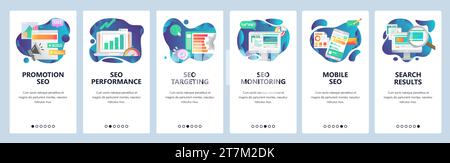 Mobile app onboarding screens. SEO optimization and digital internet marketing. Menu vector banner template for website and mobile development. Web si Stock Vector