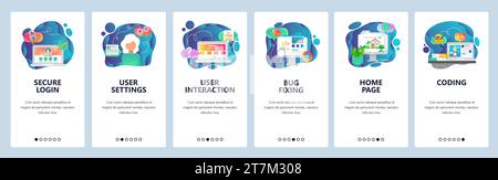 Mobile app onboarding screens. Secure login, website coding and software development. Menu vector banner template for website and mobile development. Stock Vector