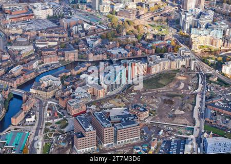 Aire Park, former tetley Brewery site, Leeds city Centre, West Yorkshire, Northern England, UK, shot from the air Stock Photo