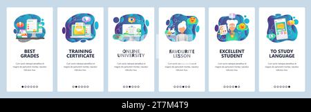 Mobile app onboarding screens. Online education and digital university, training courses and certificate. Menu vector banner template for website and Stock Vector