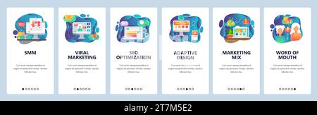 Mobile app onboarding screens. Online digital marketing, SMM, SEO, viral marketing. Menu vector banner template for website and mobile development. We Stock Vector