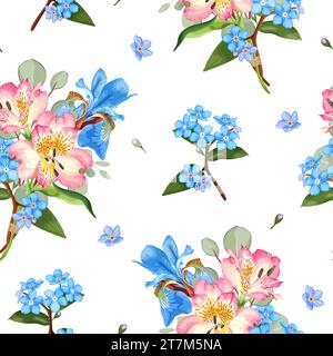 Seamless floral pattern with pink alstroemeria, blue iris and forget-me-not. Stock Vector