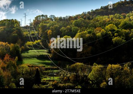 High voltage lines, Puy de Dome department, Auvergne Rhone Alpes, France, Europe Stock Photo