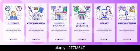 Mobile app onboarding screens. Education system, digital library in phone, illiterate. Menu vector banner template for website and mobile development. Stock Vector