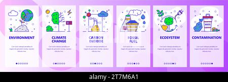 Mobile app onboarding screens. Environment problems, global warming, climate change, ecology. Menu vector banner template for website and mobile devel Stock Vector