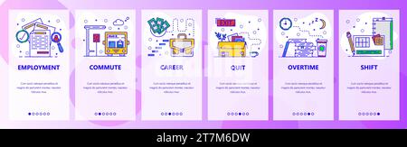 Mobile app onboarding screens. Job career, employment, career ladder, overtime and work shift. Menu vector banner template for website and mobile deve Stock Vector