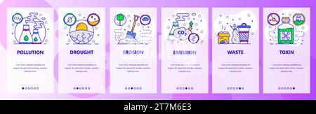 Mobile app onboarding screens. Earth pollution, global warming and climate change, gas emission, waste. Menu vector banner template for website and mo Stock Vector