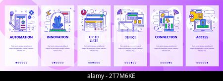 Mobile app onboarding screens. Computer services, hardware and robot automation. Menu vector banner template for website and mobile development. Web s Stock Vector