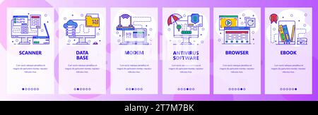 Mobile app onboarding screens. Computer hardware, router, printer, antivirus software. Menu vector banner template for website and mobile development. Stock Vector