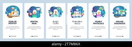 Mobile app onboarding screens. Dental care and teeth treatment, fear, dentist doctor, clinic. Menu vector banner template for website and mobile devel Stock Vector