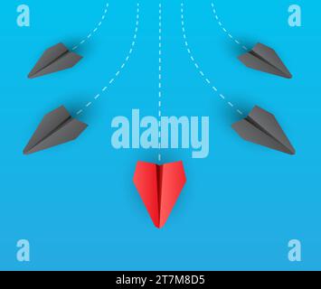 Creative concept with paper airplanes, symbolizing individuality, diversity, and innovative thinking. Vector illustration of planes flying in differen Stock Vector