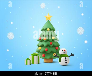 3d cute merry christmas banner concept with decorated pine tree, gift boxes, snowman, snowflakes. 3d rendered christmas tree and gift boxes icon, isolated on background. Vector illustration. Vector illustration Stock Vector