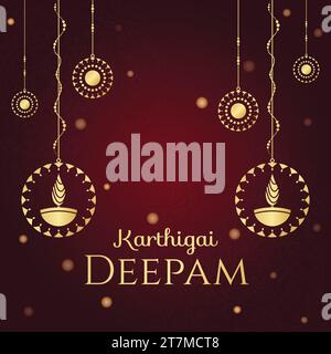 Traditional Karthigai Deepam Square background design. Hanging Diya Decoration. Festival of Lights template vector illustration with copy space. Web Stock Vector