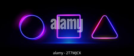 Neon glowing shapes circle, square, triangle. Popular game symbols. Wide gaming background. Stock Vector