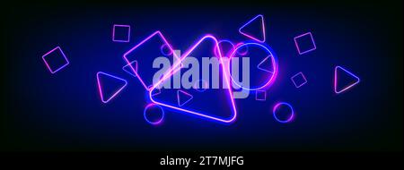 Randomly places neon glowing shapes circle, square, triangle. Popular game symbols. Wide gaming background. Stock Vector
