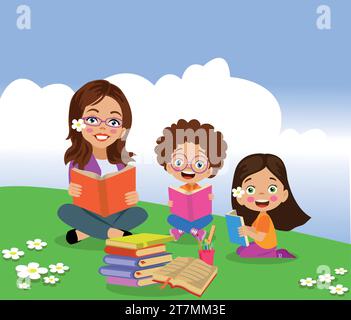 teacher reading books in class with students Stock Vector