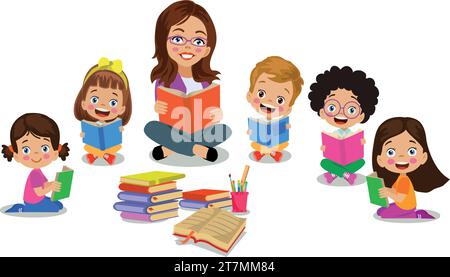 teacher reading books in class with students Stock Vector