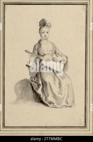 Johann Georg Wagner Guitar playing lady. Leading handle, brush in gray, laved around 1758 Stock Photo