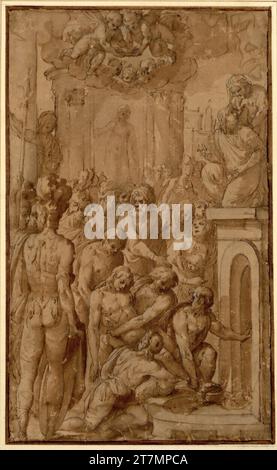 Michele Alberti The body of a young martyr is placed in a crypt (viewer all around; angel with the martyr crown; behind it a tempie, in the middle of which a male statue; a palace and an obelisk on the back). Chalk; Feather; lavated Stock Photo