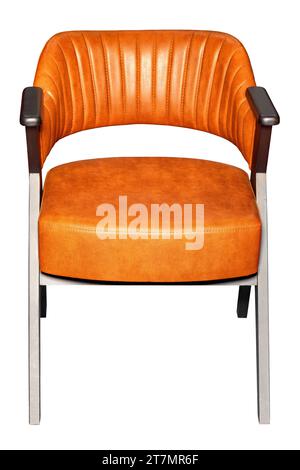 Wooden comfortable chair with soft brown leatherette upholstery, isolated on a white background. Stock Photo