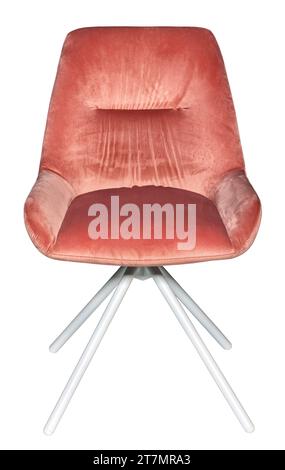 A comfortable pink velour chair with soft upholstery and a swivel base on white metal legs. Isolated on a white background. Stock Photo