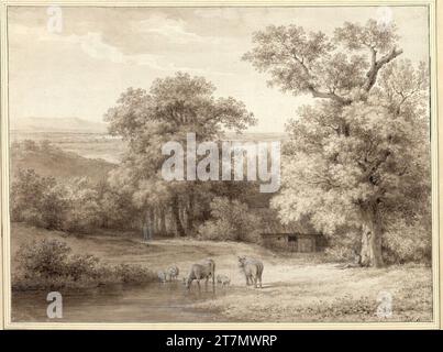 Johann Christoph Rist Landscape with cattle on the water and farmhouse between trees. Brush in brown, lavated, placed in places with a brush in white, over pencil 1813-15 , 1813/1815 Stock Photo