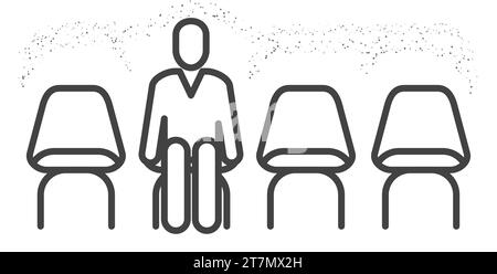 Waiting room icon, row of chairs and sitting man, queue concept, vector Stock Vector