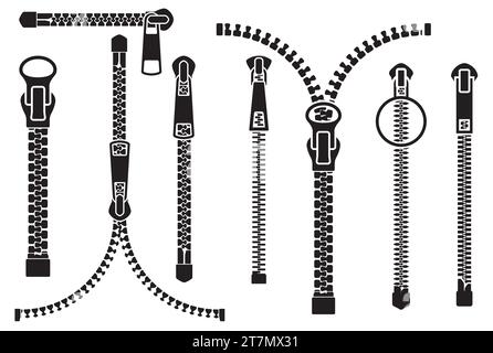 Zippers set, slide fastener elements, open and closed pullers for clothing with buckle, vector Stock Vector