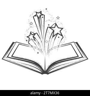 Open magic book with splattering stars, fairytale sorcery and mystic spells, vector Stock Vector