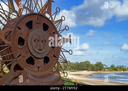 Sun sculpture by Agó Paez Vilaró on the beach at Atlántida, seaside resort town along the Costa de Oro in Canelones Department, Uruguay, South America Stock Photo