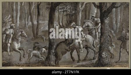 Bernard van Orley Emperor Maximilian hides the boar. Feder in brown on brownish tinted paper, brush in different shades of gray and white, about a fine award in red -brown feather; On the character arch, two vertical paper strips were set to the left and right, along the lower edge of a narrow strip on the bottom edge before 1530 Stock Photo