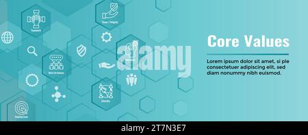 Core Values icon set and web header banner showing icons with core values Stock Vector