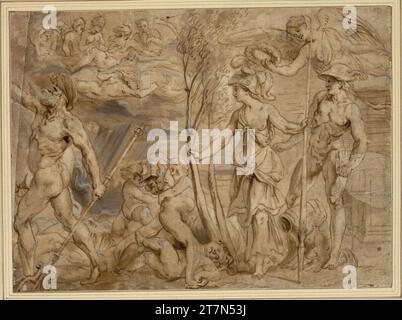Theodor van Thulden Neptune, Terra, Minerva and Mercury. Feather and brush in brown, brown and gray lavated, heighted with deck white (cream-colored gray), over black chalk, on brown tinted paper. On Li. Ride above wedge -shaped plump (above 18 mm wide), in a narrower form also on the lower edge. (2 mm); 50 mm wider patch middle right. Edge; Smaller defects in the RE. Upper and left. lower corner; Cracks at the bottom left. and middle. Stock Photo