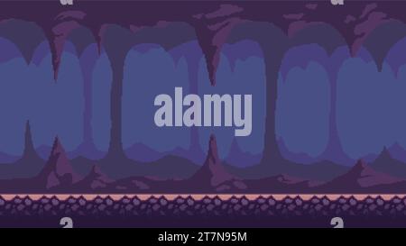 Pixel art game background, underground cave with stalactites and stalagmites. Vector 8-bit retro video game seamless cavern background Stock Vector