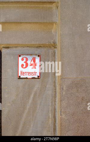 Herrenstrasse no. 34, historic house number sign in the Old Town of Wangen im Allgäu, Baden-Württemberg, Germany. Stock Photo