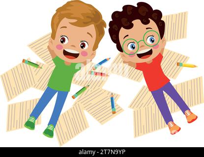 cute kids lying on papers looking at the sky Stock Vector