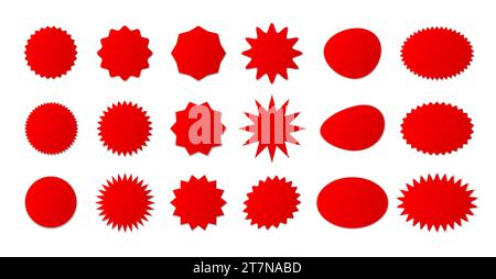 A large set of red price tags with a sale on a white background. Special offer or discount labels when buying. Stock Vector