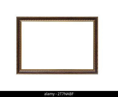 Old horizontal long narrow wooden picture frame isolated on white background with cut out canvas Stock Photo