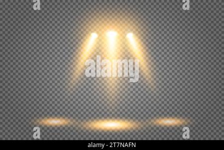 Lighting of the stage with three yellow beams of spotlights on a transparent background. Stock Vector