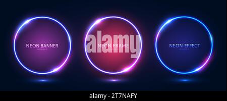 A set of three round neon frames with shining effects and highlights on a dark blue background. Stock Vector